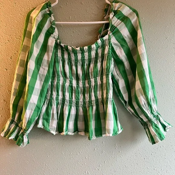 Who What Wear Green and White Puff Sleeve Blouse - Picture 3 of 4